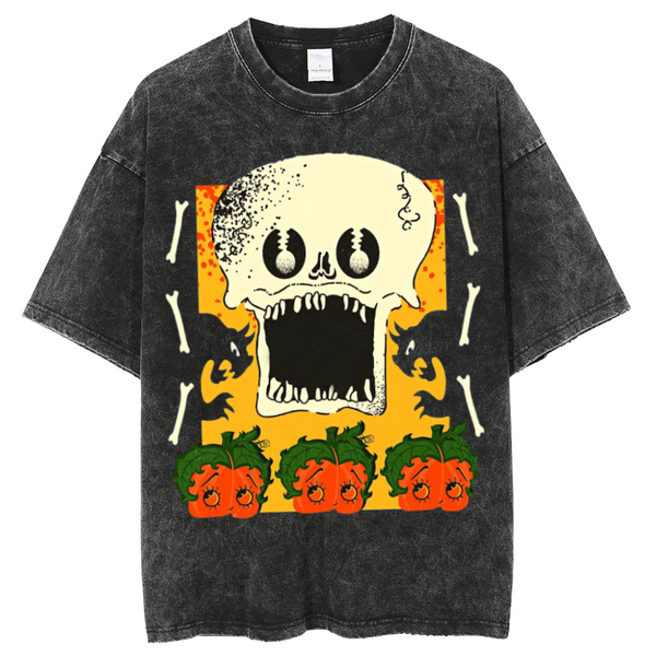 Skull Party Unisex Oversized Print Vintage Wash Denim T-Shirt